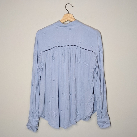 Free People Wishful Moments Tie Neck Blouse Blue Embroidered Long Sleeve Top S - Picture 9 of 16
